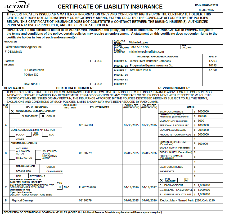 Certificate of Insurance for FL Construction